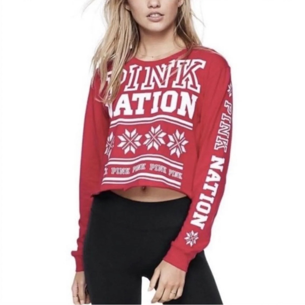 PINK Victoria Secret Long Sleeve Cropped T-Shirt Christmas Holiday Red XS NWOT
